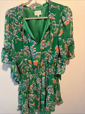 Sugarlips Green Floral Ruffle Dress with Pink & Orange Accents